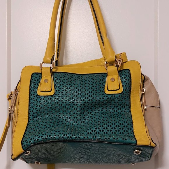 MELIE BIANCO "Leslie" Vegan Leather Handbag - Green/Yellow/Beige - Size Medium - Picture 2 of 10